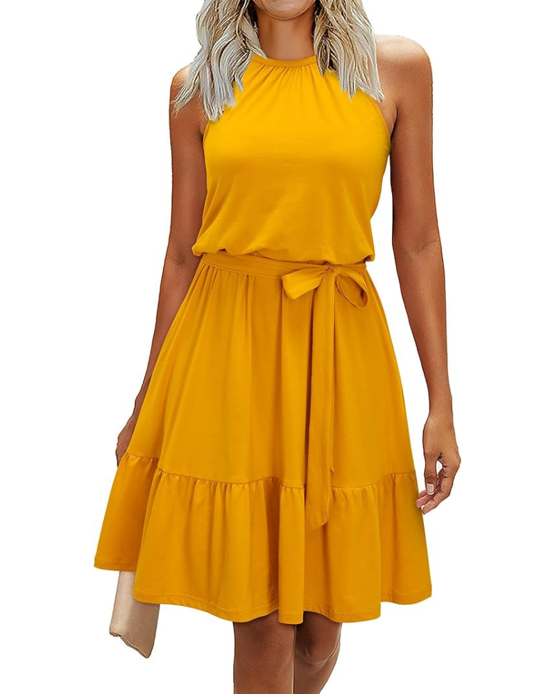 Bloom Damenkleid – Neckholder, Blumenmuster & Taschen, A-Linien-Schnitt Knielang