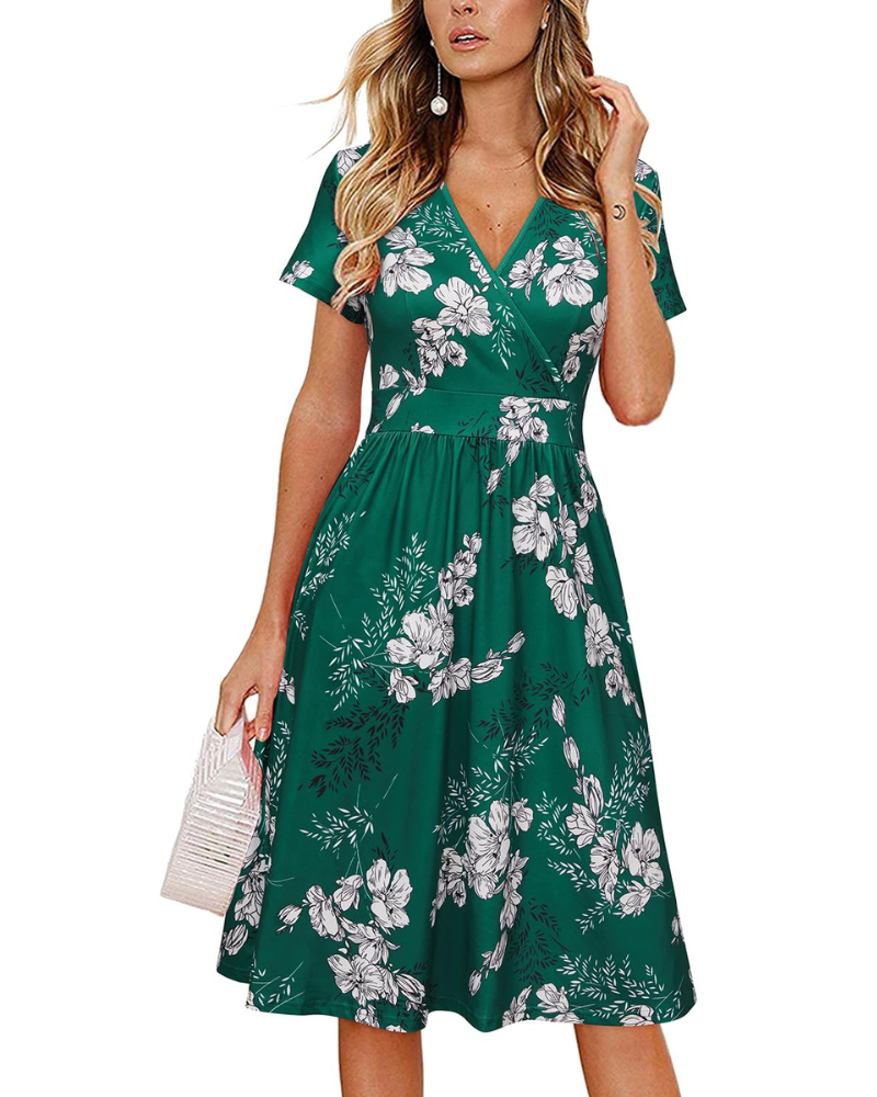 Vestito da donna Evania – Scollo a V incrociato, taglio a linea A e tasche, lunghezza al ginocchio elegante