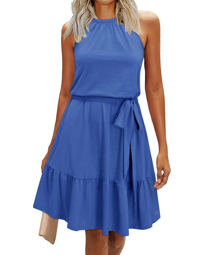 Bloom Damenkleid – Neckholder, Blumenmuster & Taschen, A-Linien-Schnitt Knielang
