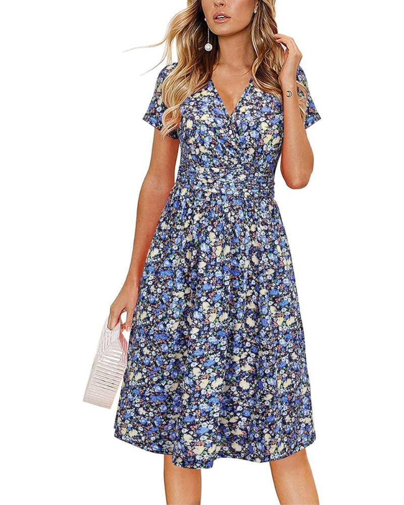 Impermeabile Donna – Scollo a V Floreale, Taglio A-Line e Tasche, Lunghezza al Ginocchio, Elegante Estate