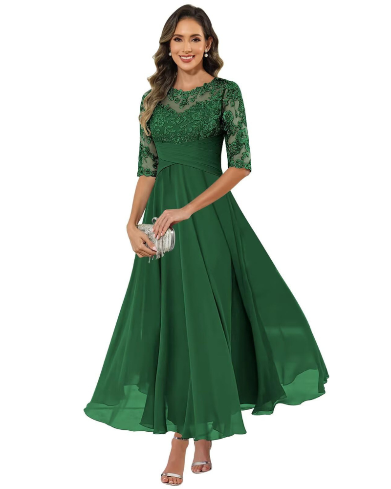 Vestido de Fiesta Olanthe para Mujer – Encaje y Gasa, Mangas 3/4 y Corte A-Line Elegante