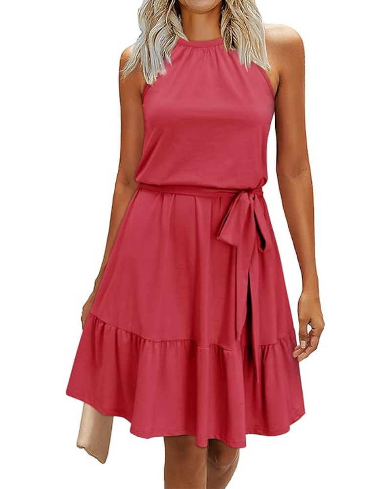 Bloom Damenkleid – Neckholder, Blumenmuster & Taschen, A-Linien-Schnitt Knielang