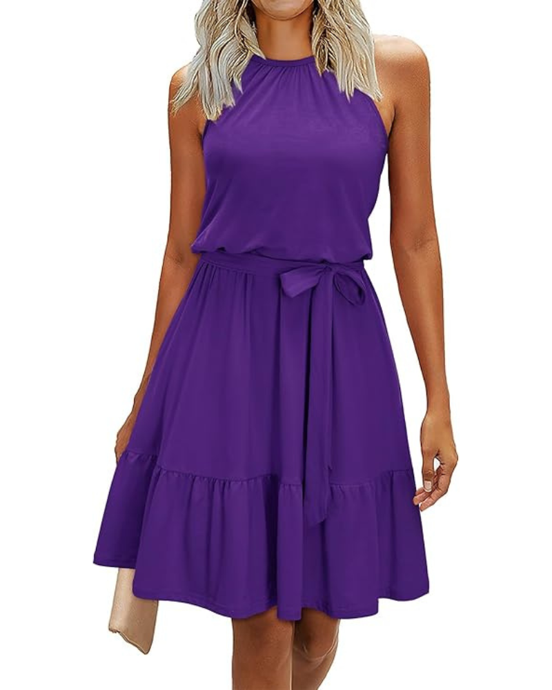 Bloom Damenkleid – Neckholder, Blumenmuster & Taschen, A-Linien-Schnitt Knielang