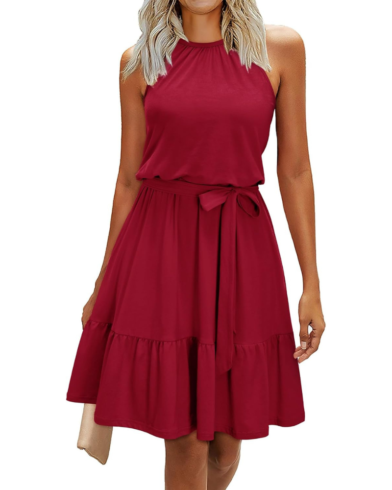 Bloom Damenkleid – Neckholder, Blumenmuster & Taschen, A-Linien-Schnitt Knielang