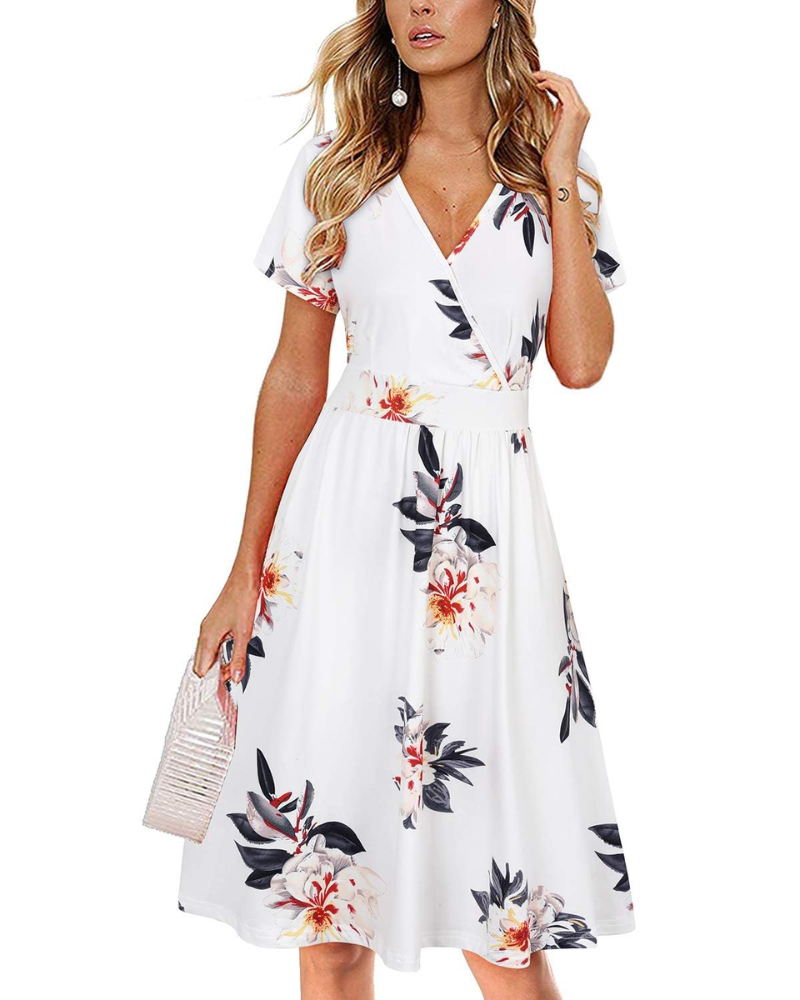 Vestito da donna Evania – Scollo a V incrociato, taglio a linea A e tasche, lunghezza al ginocchio elegante