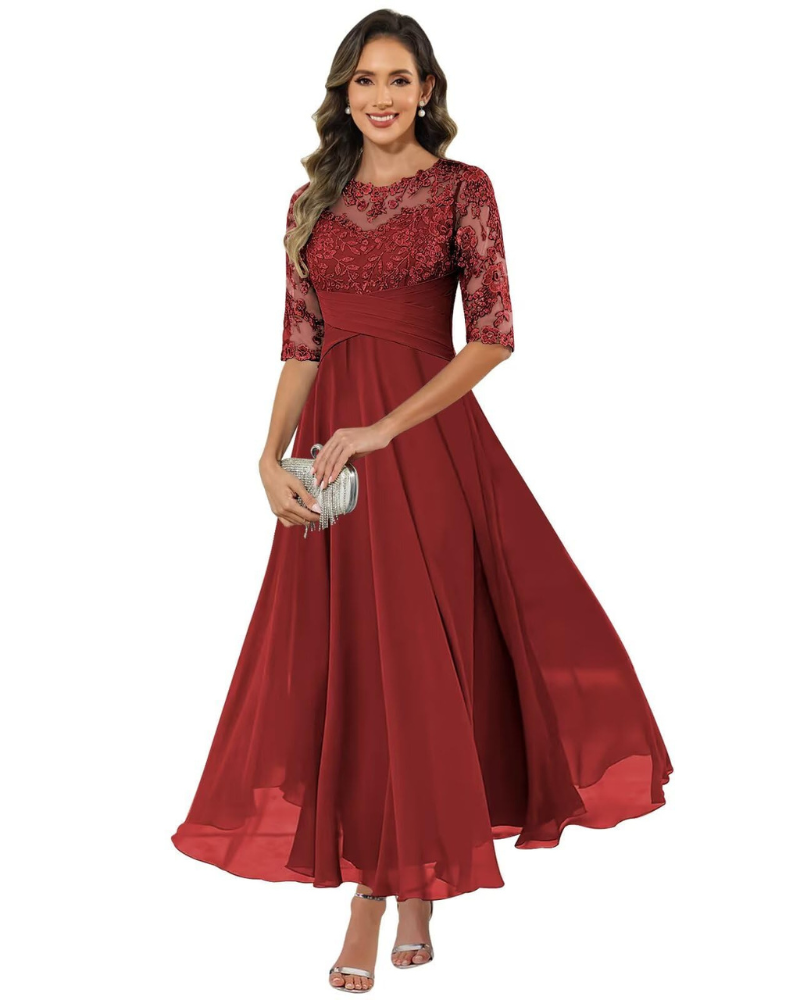 Olanthe Damen Abendkleid – Spitze & Chiffon, 3/4-Ärmel & Eleganter A-Linien-Schnitt
