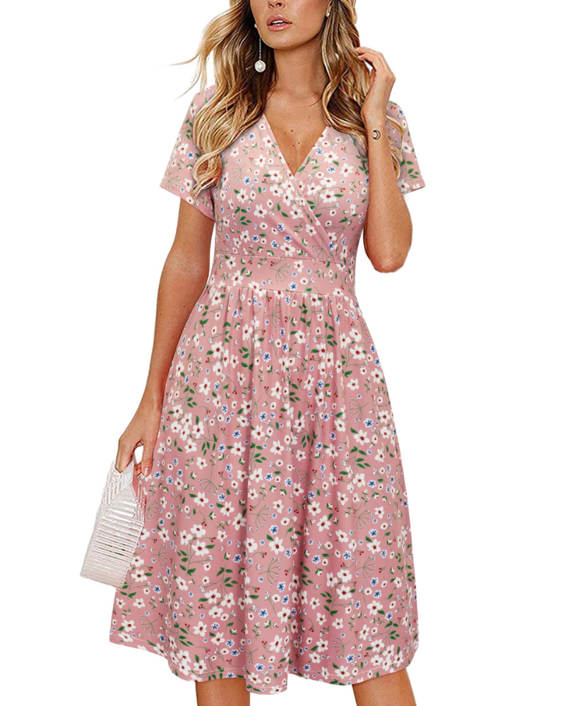 Vestito da donna Evania – Scollo a V incrociato, taglio a linea A e tasche, lunghezza al ginocchio elegante