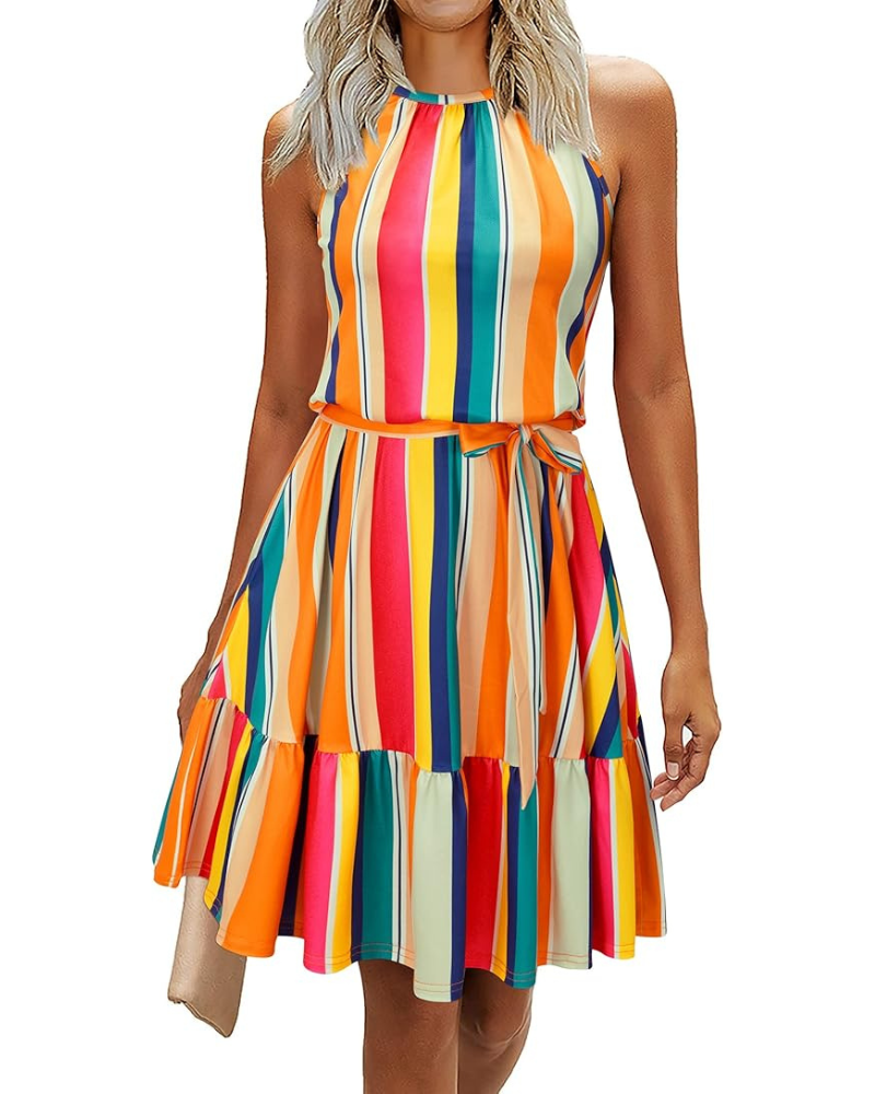 Bloom Damenkleid – Neckholder, Blumenmuster & Taschen, A-Linien-Schnitt Knielang