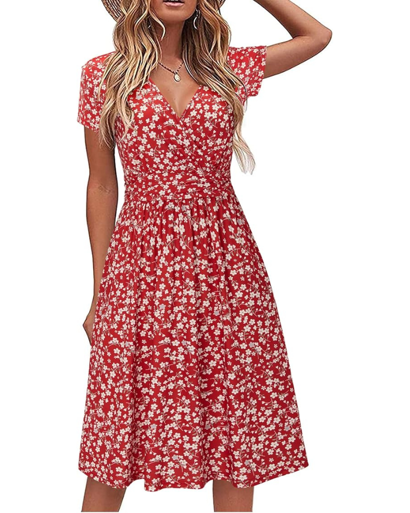 Sukienka Genesis Femme – Kwiatowy Wzór, Kopertowy Dekolt w Serek i Kieszenie, Elegancki Krój A-Line