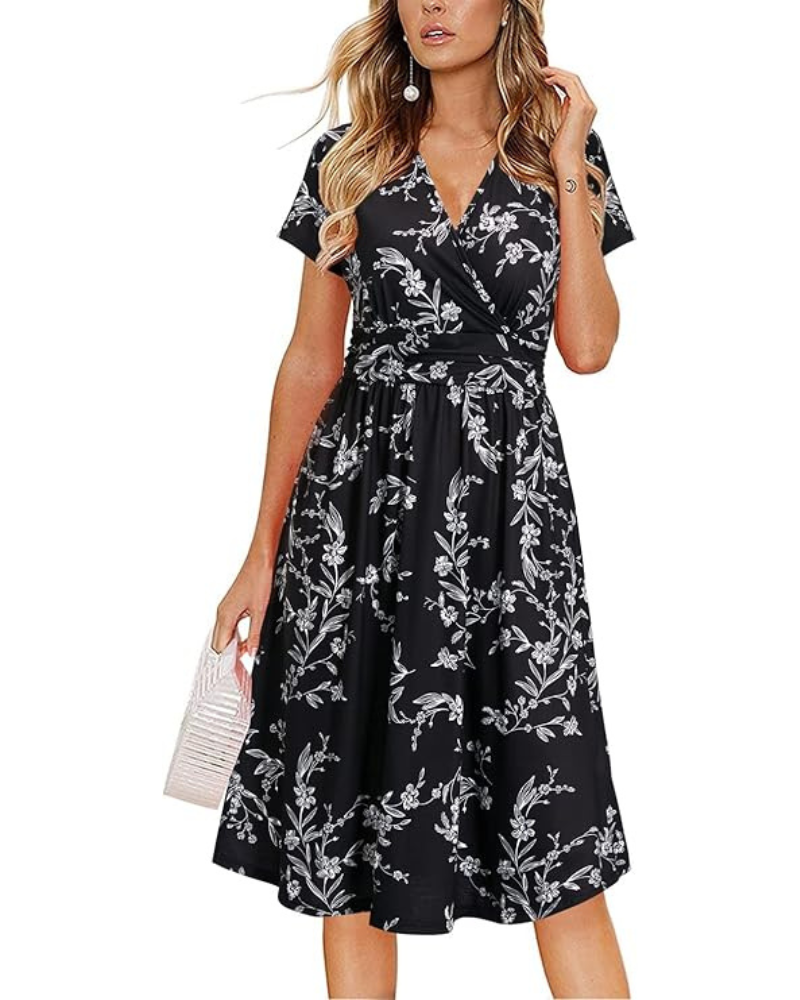 Impermeabile Donna – Scollo a V Floreale, Taglio A-Line e Tasche, Lunghezza al Ginocchio, Elegante Estate