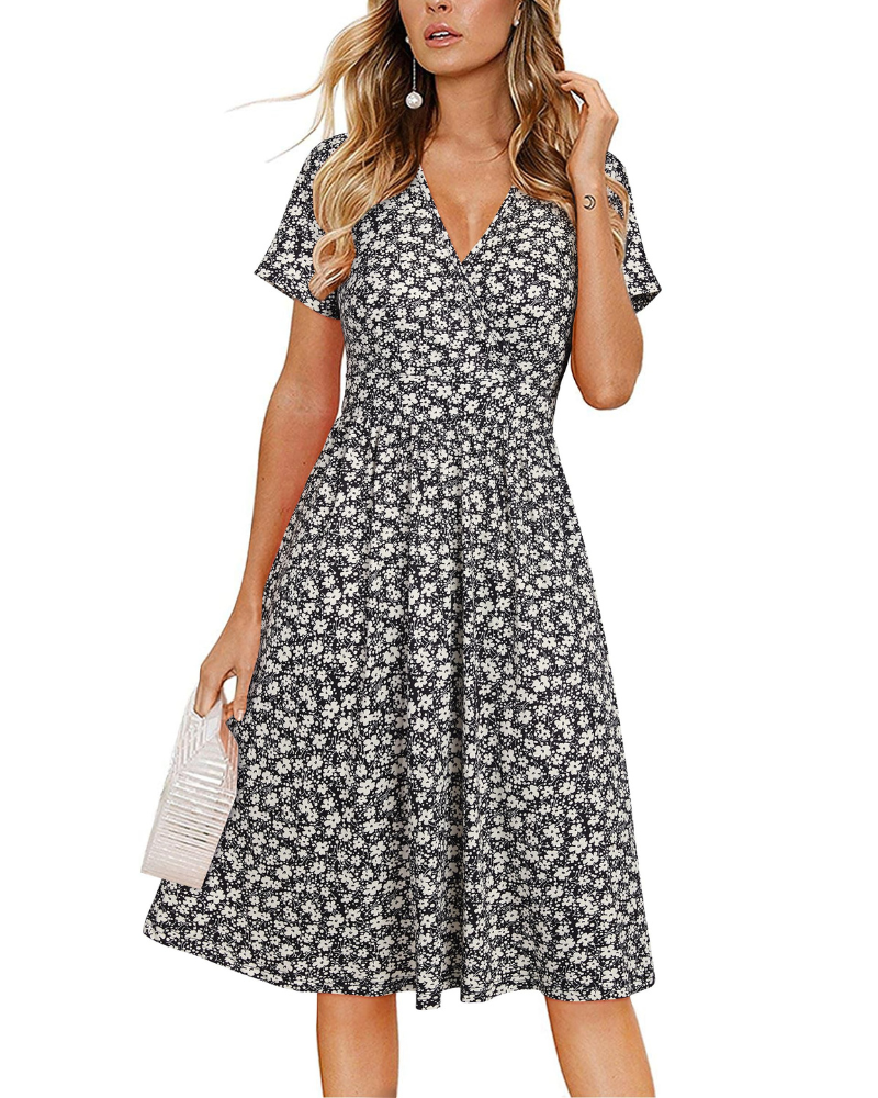 Vestito da donna Evania – Scollo a V incrociato, taglio a linea A e tasche, lunghezza al ginocchio elegante