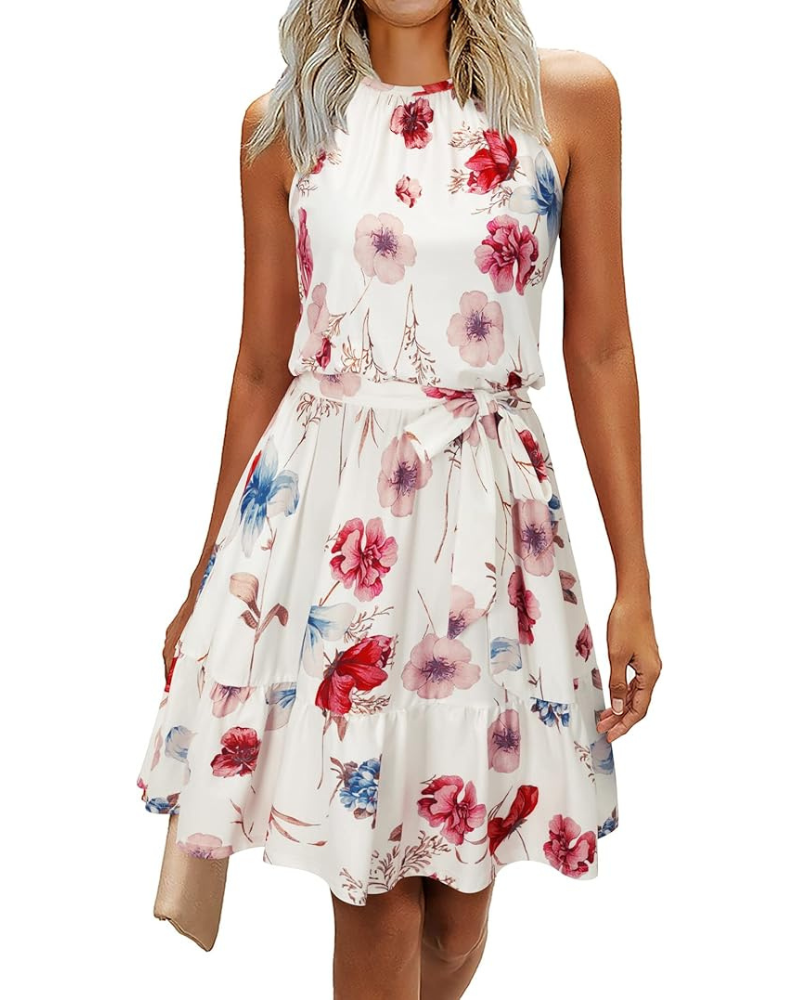 Bloom Damenkleid – Neckholder, Blumenmuster & Taschen, A-Linien-Schnitt Knielang