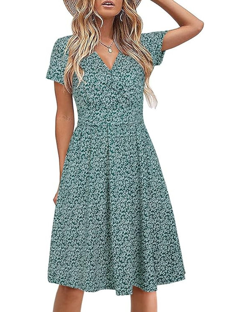 Sukienka Genesis Femme – Kwiatowy Wzór, Kopertowy Dekolt w Serek i Kieszenie, Elegancki Krój A-Line