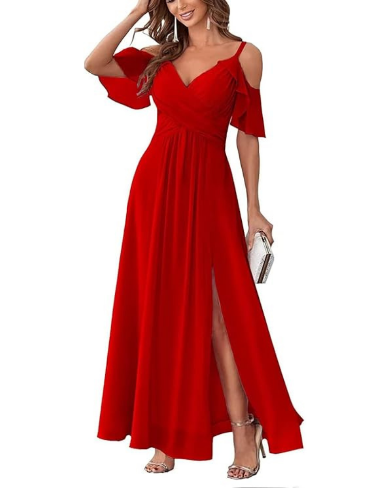Rochie lungă Georgia pentru femei – voal cu umerii goi, decolteu în V și croială în A elegantă