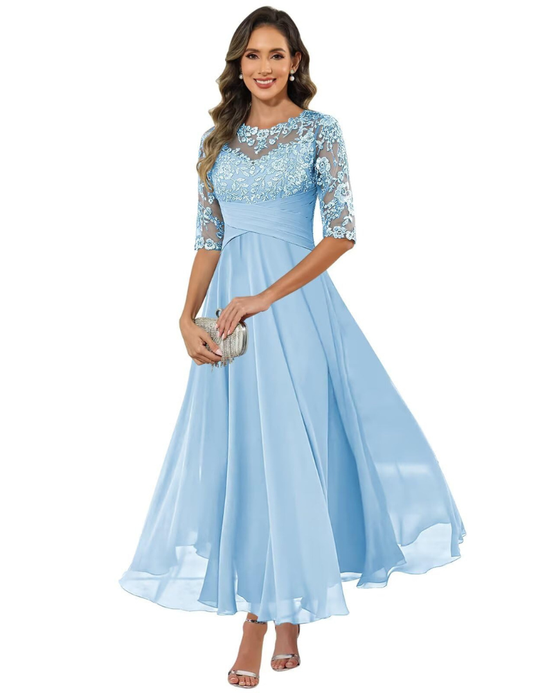 Vestido de Fiesta Olanthe para Mujer – Encaje y Gasa, Mangas 3/4 y Corte A-Line Elegante