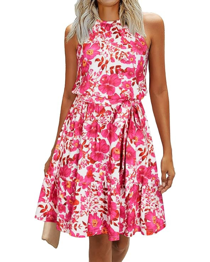 Bloom Damenkleid – Neckholder, Blumenmuster & Taschen, A-Linien-Schnitt Knielang