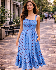 Vestido Maxi Mildred para Mulher – Decote Quadrado, Alças, Corte Evasé com Pregas e Barra com Folhos Verão