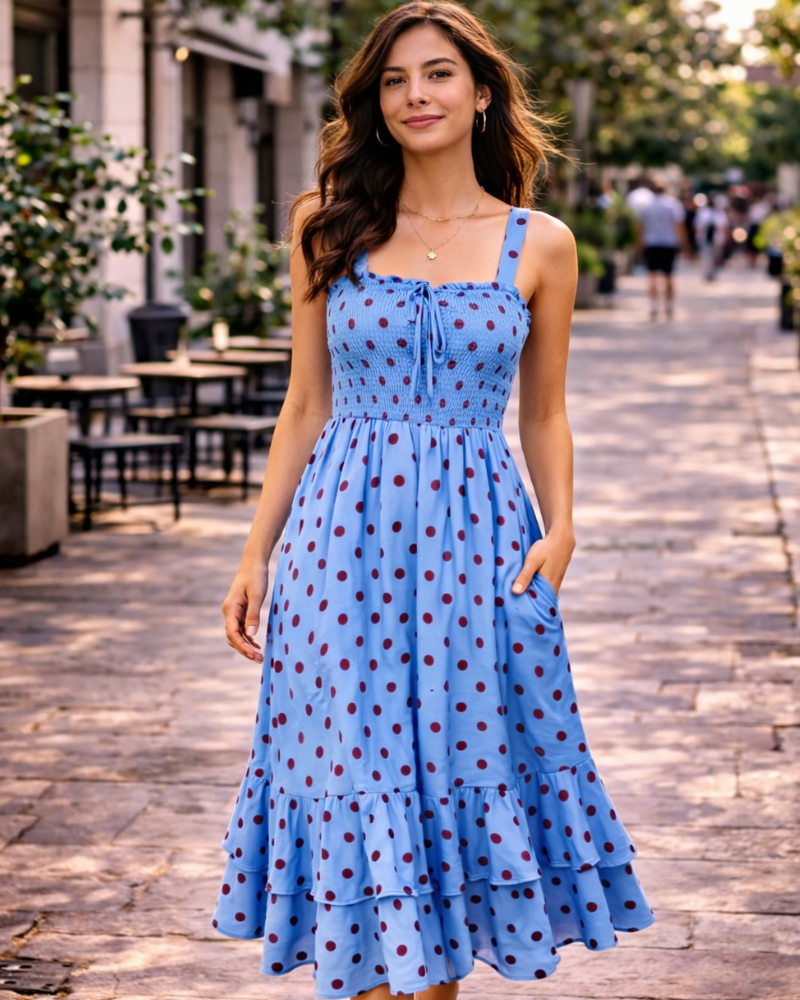 Vestido Maxi Mildred para Mulher – Decote Quadrado, Alças, Corte Evasé com Pregas e Barra com Folhos Verão