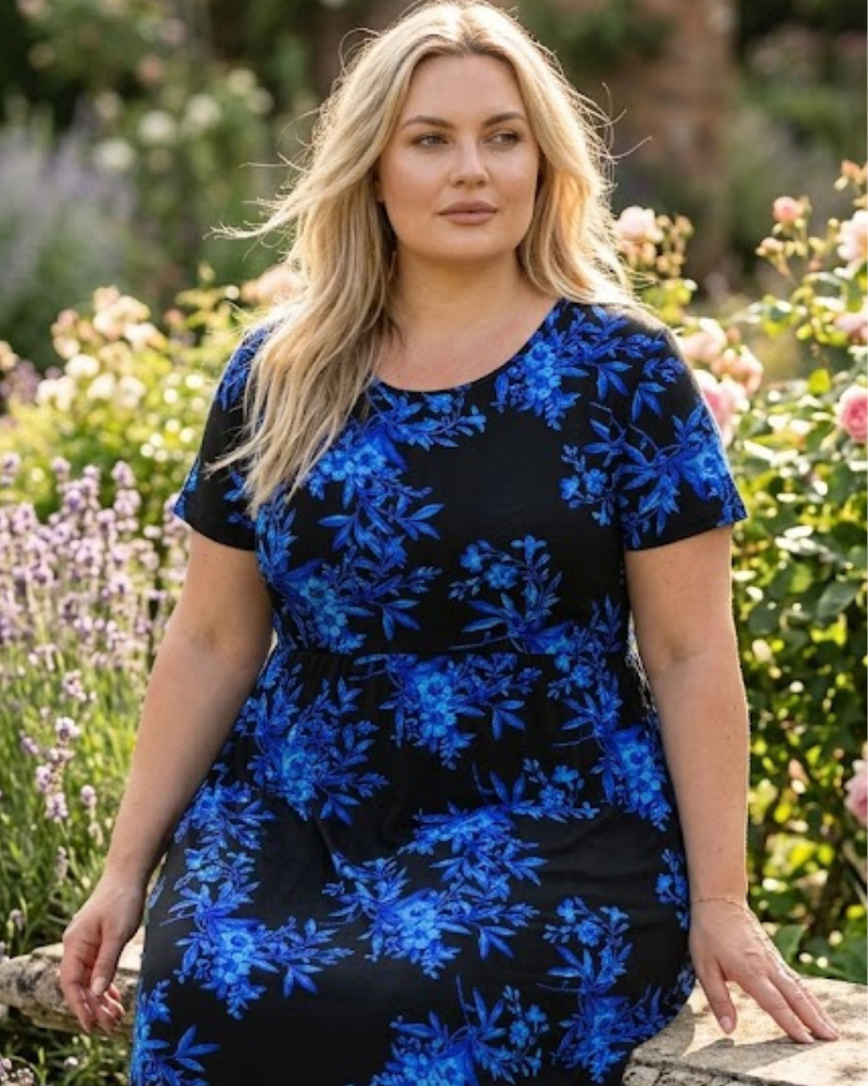 Adice Abito Maxi Taglia Grande Donna – Abito Lungo Fluido Collo Tondo con Tasche e Vita Elastica