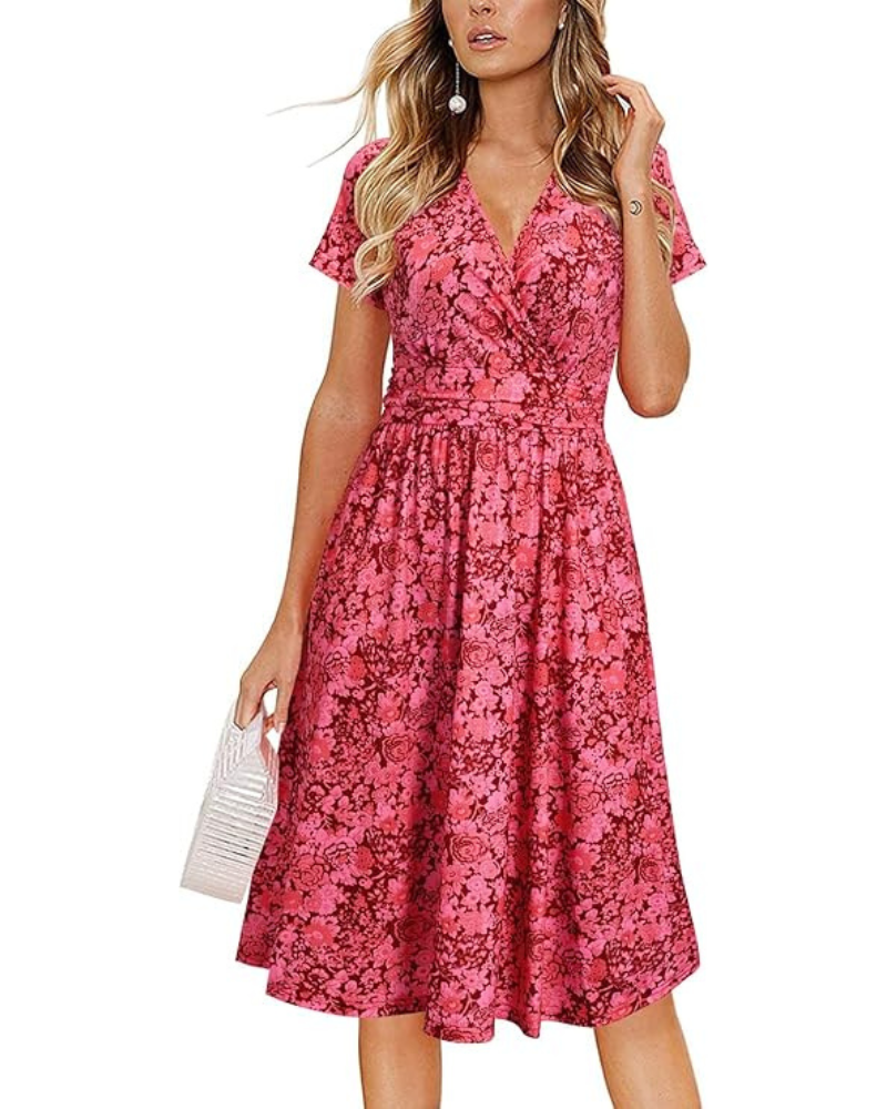 Impermeabile Donna – Scollo a V Floreale, Taglio A-Line e Tasche, Lunghezza al Ginocchio, Elegante Estate