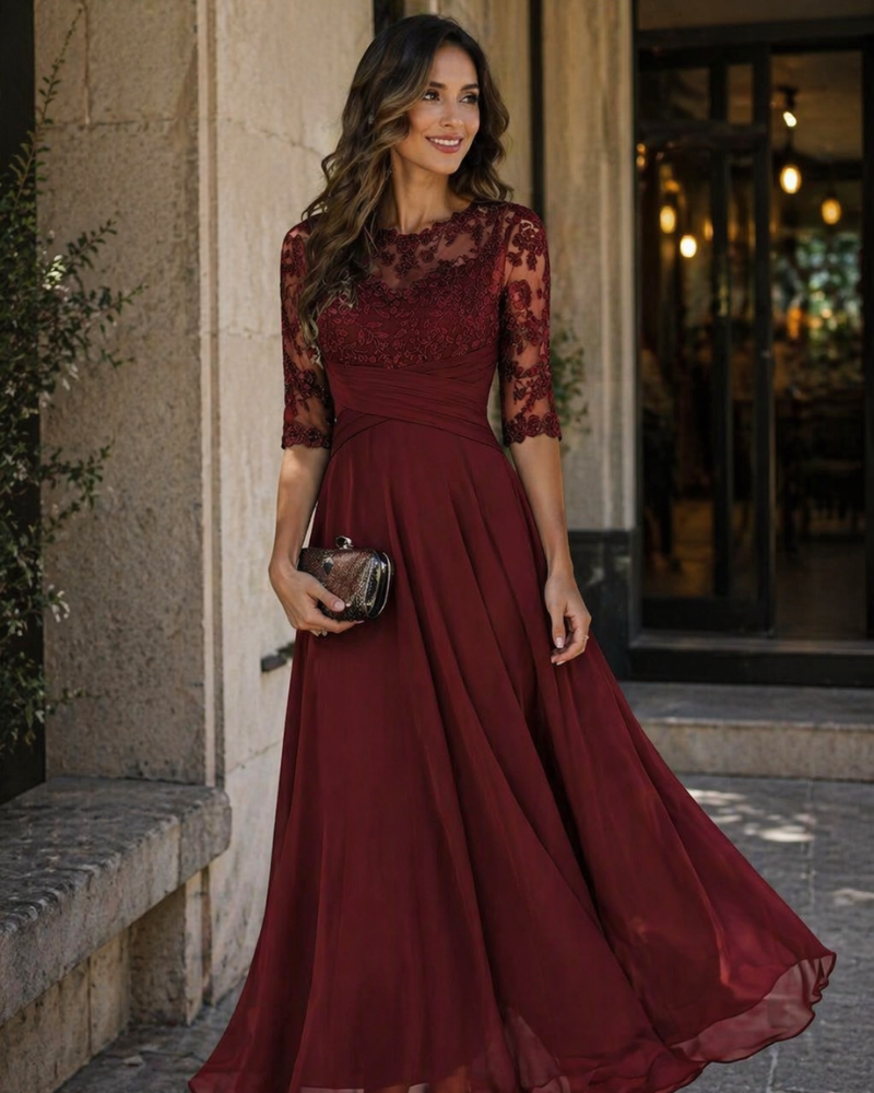 Olanthe Damen Abendkleid – Spitze & Chiffon, 3/4-Ärmel & Eleganter A-Linien-Schnitt