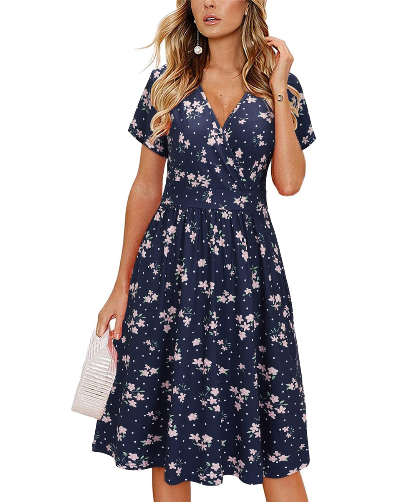 Vestito da donna Evania – Scollo a V incrociato, taglio a linea A e tasche, lunghezza al ginocchio elegante