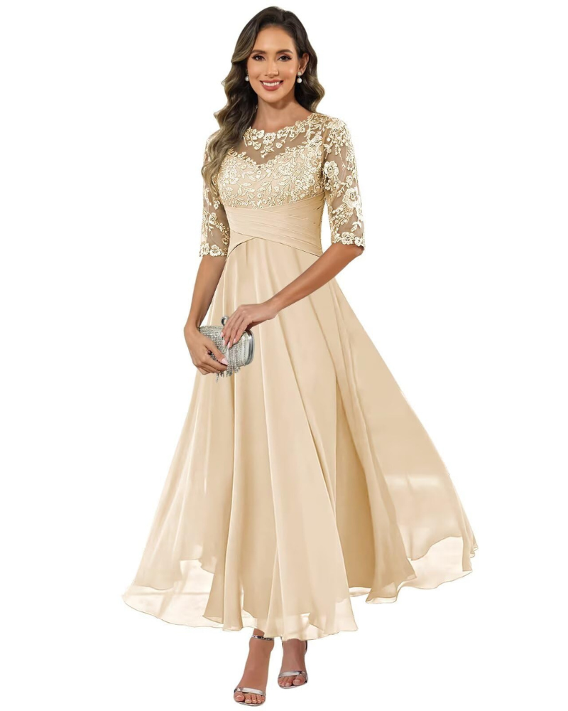 Vestido de Fiesta Olanthe para Mujer – Encaje y Gasa, Mangas 3/4 y Corte A-Line Elegante