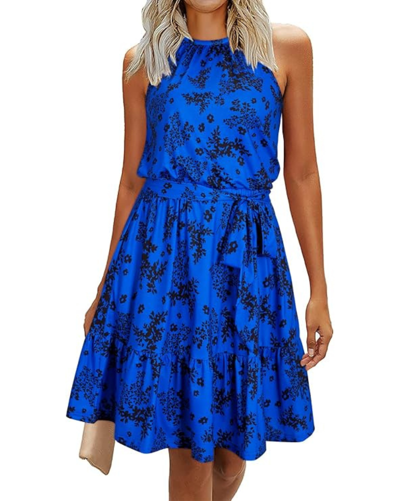 Bloom Damenkleid – Neckholder, Blumenmuster & Taschen, A-Linien-Schnitt Knielang