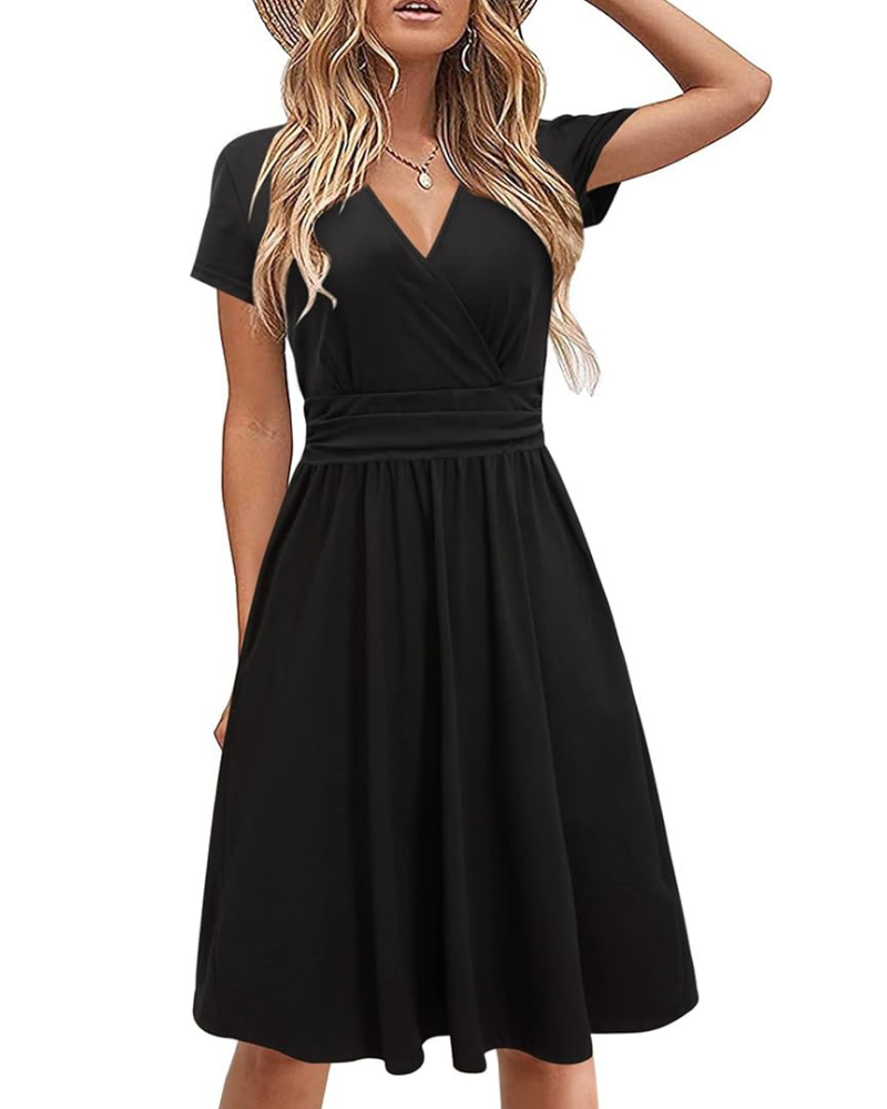 Sukienka Genesis Femme – Kwiatowy Wzór, Kopertowy Dekolt w Serek i Kieszenie, Elegancki Krój A-Line