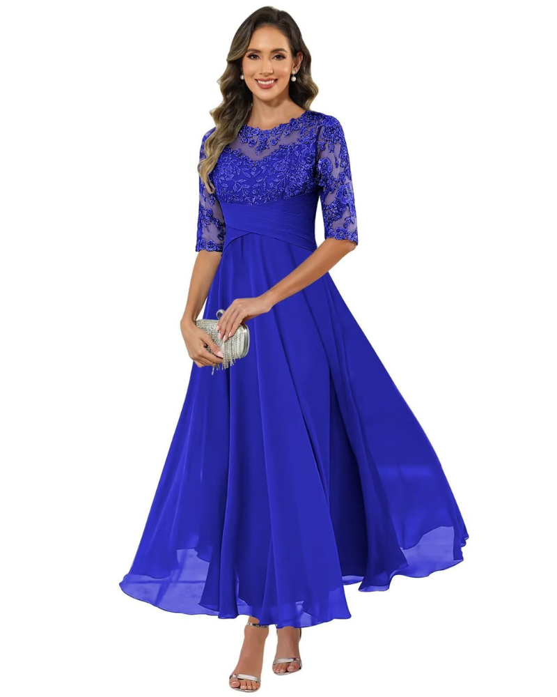 Vestido de Fiesta Olanthe para Mujer – Encaje y Gasa, Mangas 3/4 y Corte A-Line Elegante