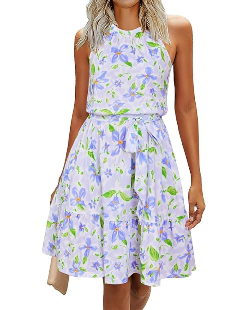 Bloom Damenkleid – Neckholder, Blumenmuster & Taschen, A-Linien-Schnitt Knielang