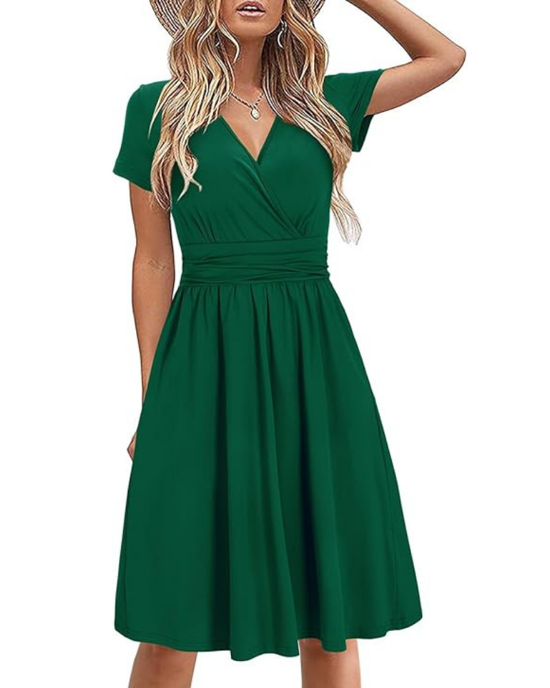 Sukienka Genesis Femme – Kwiatowy Wzór, Kopertowy Dekolt w Serek i Kieszenie, Elegancki Krój A-Line