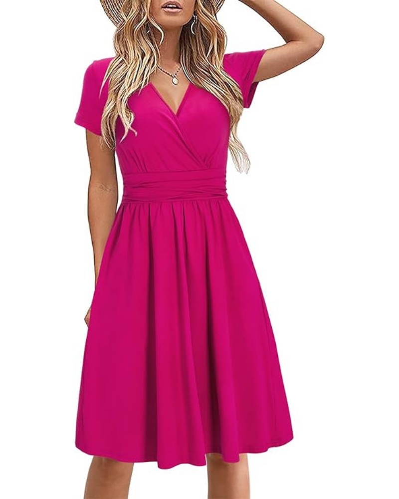 Sukienka Genesis Femme – Kwiatowy Wzór, Kopertowy Dekolt w Serek i Kieszenie, Elegancki Krój A-Line