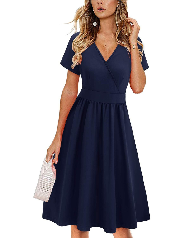 Vestito da donna Evania – Scollo a V incrociato, taglio a linea A e tasche, lunghezza al ginocchio elegante