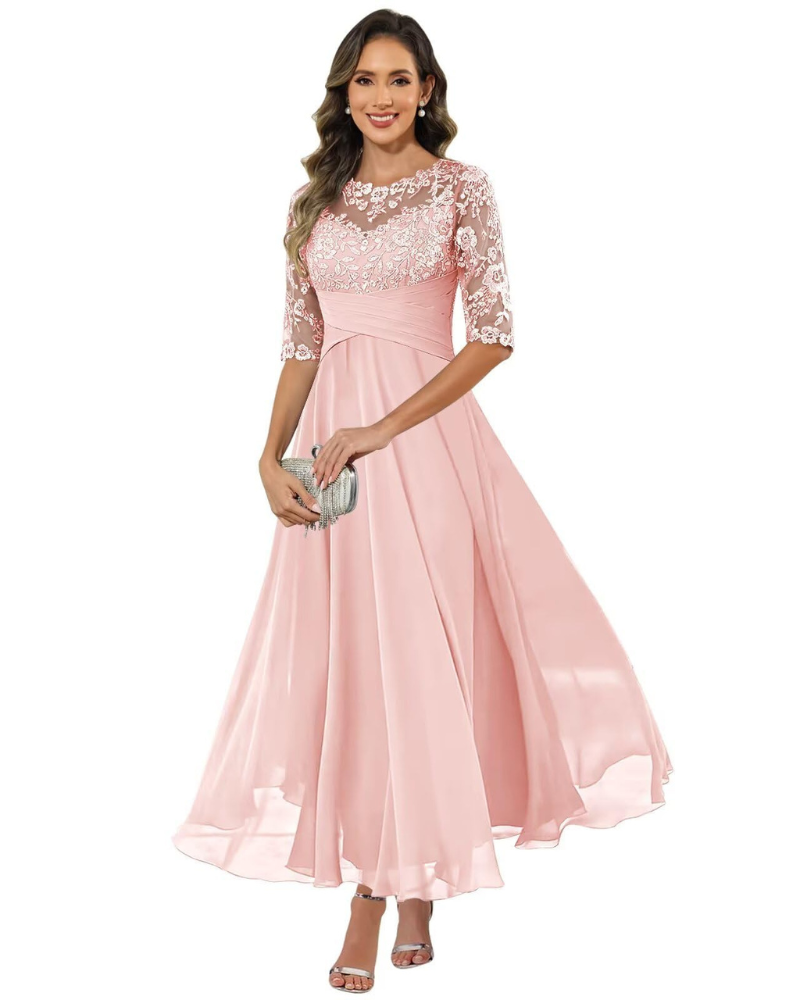 Vestido de Fiesta Olanthe para Mujer – Encaje y Gasa, Mangas 3/4 y Corte A-Line Elegante
