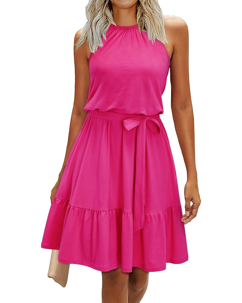 Bloom Damenkleid – Neckholder, Blumenmuster & Taschen, A-Linien-Schnitt Knielang