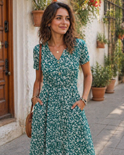 Vestito Donna Ester – Abito Estivo Midi con Scollo a V, Maniche Corte, Bottoni, Vita Impero, Tasche
