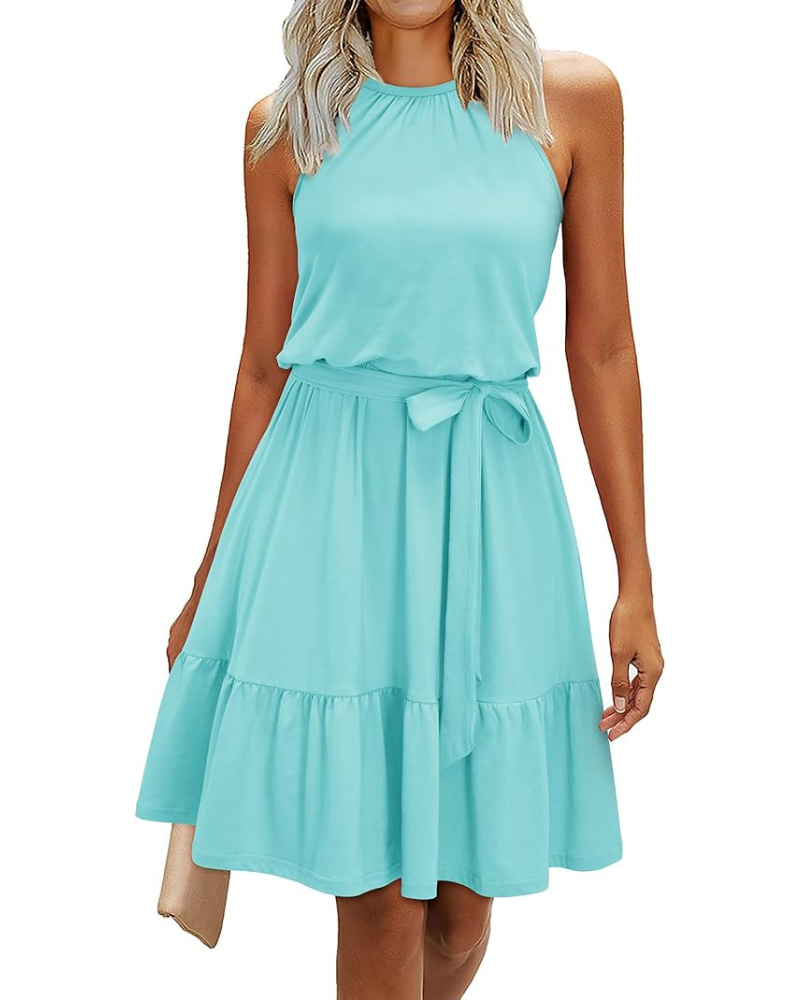 Bloom Damenkleid – Neckholder, Blumenmuster & Taschen, A-Linien-Schnitt Knielang