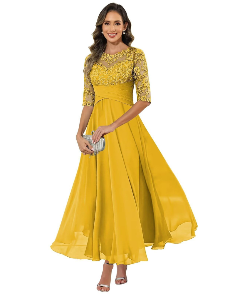 Vestido de Fiesta Olanthe para Mujer – Encaje y Gasa, Mangas 3/4 y Corte A-Line Elegante