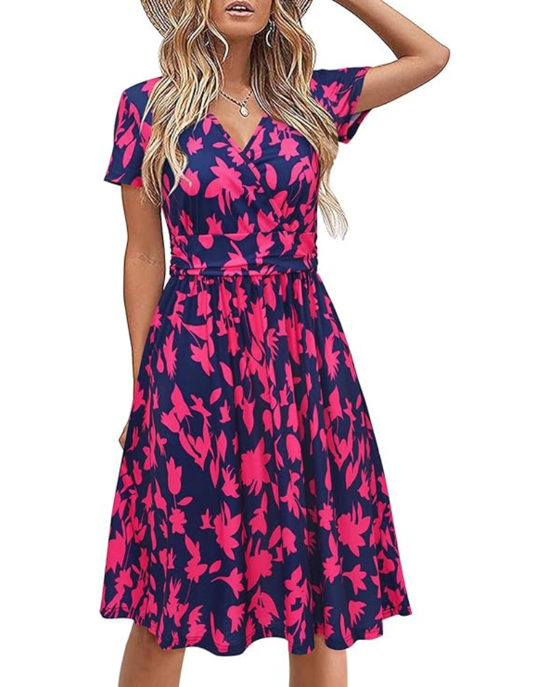 Sukienka Genesis Femme – Kwiatowy Wzór, Kopertowy Dekolt w Serek i Kieszenie, Elegancki Krój A-Line