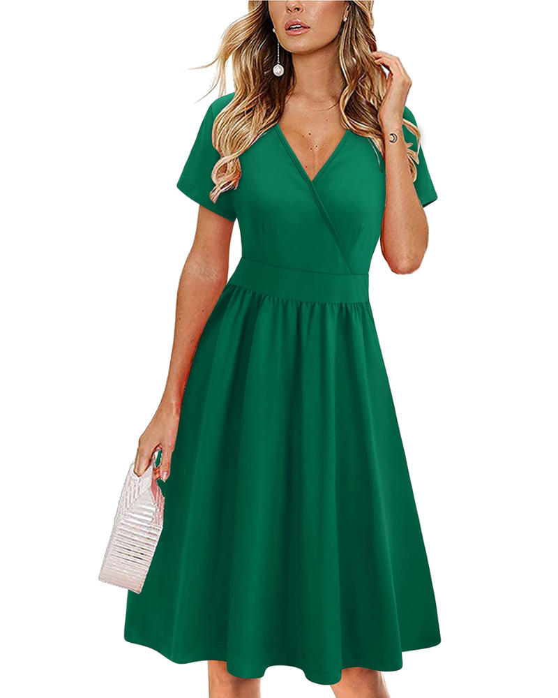 Vestito da donna Evania – Scollo a V incrociato, taglio a linea A e tasche, lunghezza al ginocchio elegante