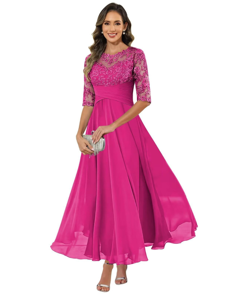 Vestido de Fiesta Olanthe para Mujer – Encaje y Gasa, Mangas 3/4 y Corte A-Line Elegante