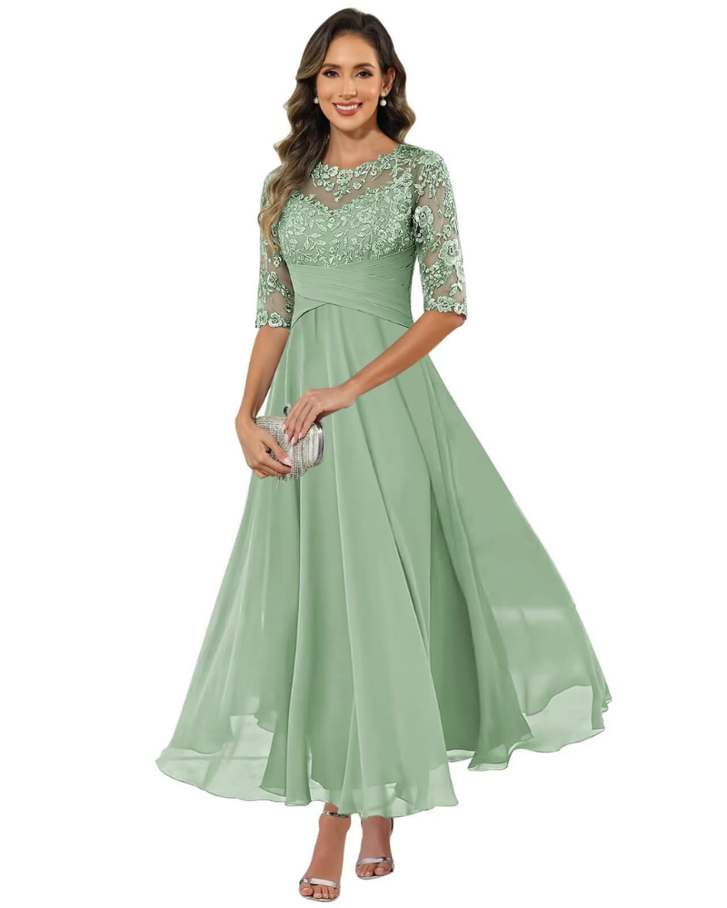 Vestido de Fiesta Olanthe para Mujer – Encaje y Gasa, Mangas 3/4 y Corte A-Line Elegante