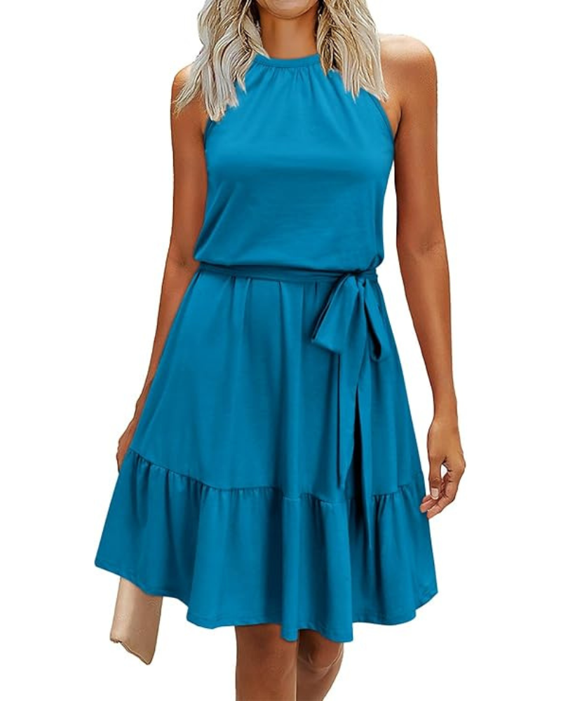 Bloom Damenkleid – Neckholder, Blumenmuster & Taschen, A-Linien-Schnitt Knielang