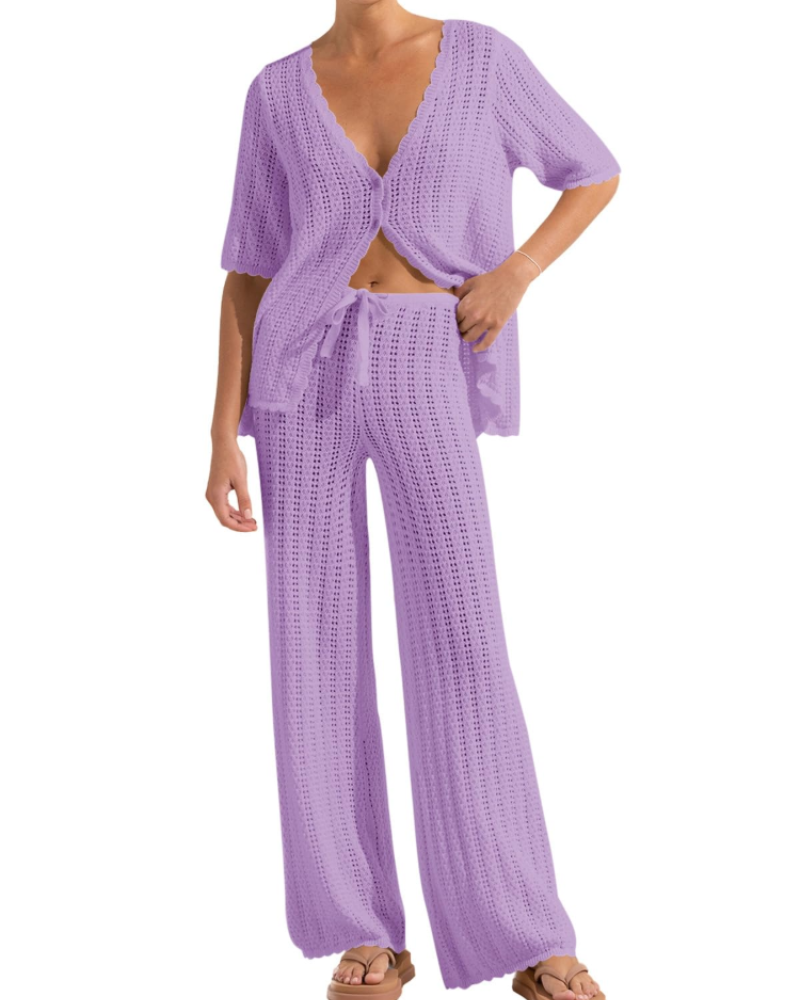 Conjunto de Praia Sally para Mulher – Kimono de Croché e Calças Largas Leves
