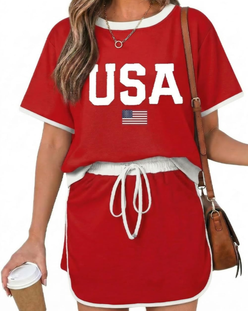 Isla Ensemble Femme Été – T-Shirt Color Block & Jupe-Short Taille Haute