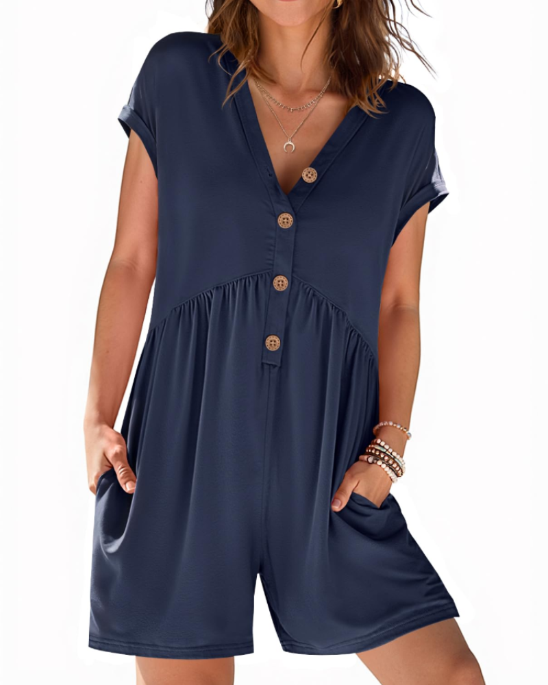 Mono corto Audrey para mujer verano – Cuello en V con botones y cintura elástica con bolsillos