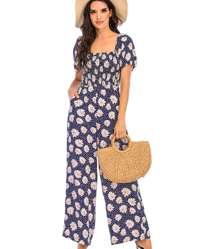 Salopetă de vară pentru femei Jasmine – cu imprimeu floral, cu smocuri și pantaloni largi