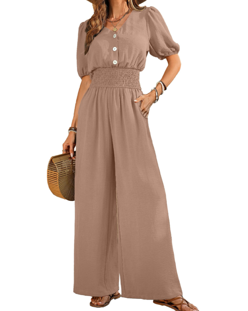 Stella Macacão Feminino de Verão – Decote em V com Botões & Calças Largas com Bolsos