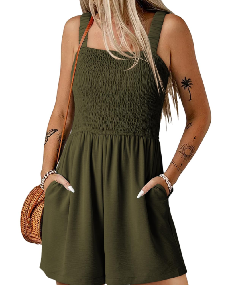 Savannah Combishort Femme Été – Smockée Col Carré avec Poches